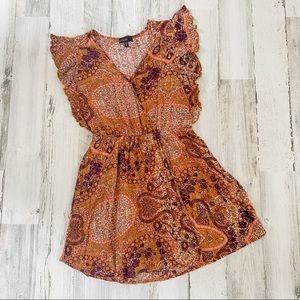 Weavers Mini Dress XS Brown Red Ruffle V-Neck Elastic Waist Festival Boho Summer